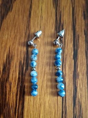Earrings Sodalite Natural Stone Beaded Dangling Matchstick Sterling Silver